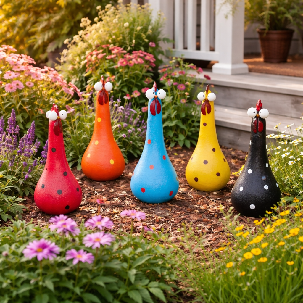  Hand-Painted Colorful Polka Dot Chicken Garden Statues