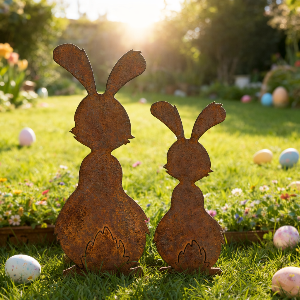 Set of 2 Rustic Metal Bunny Garden Stakes