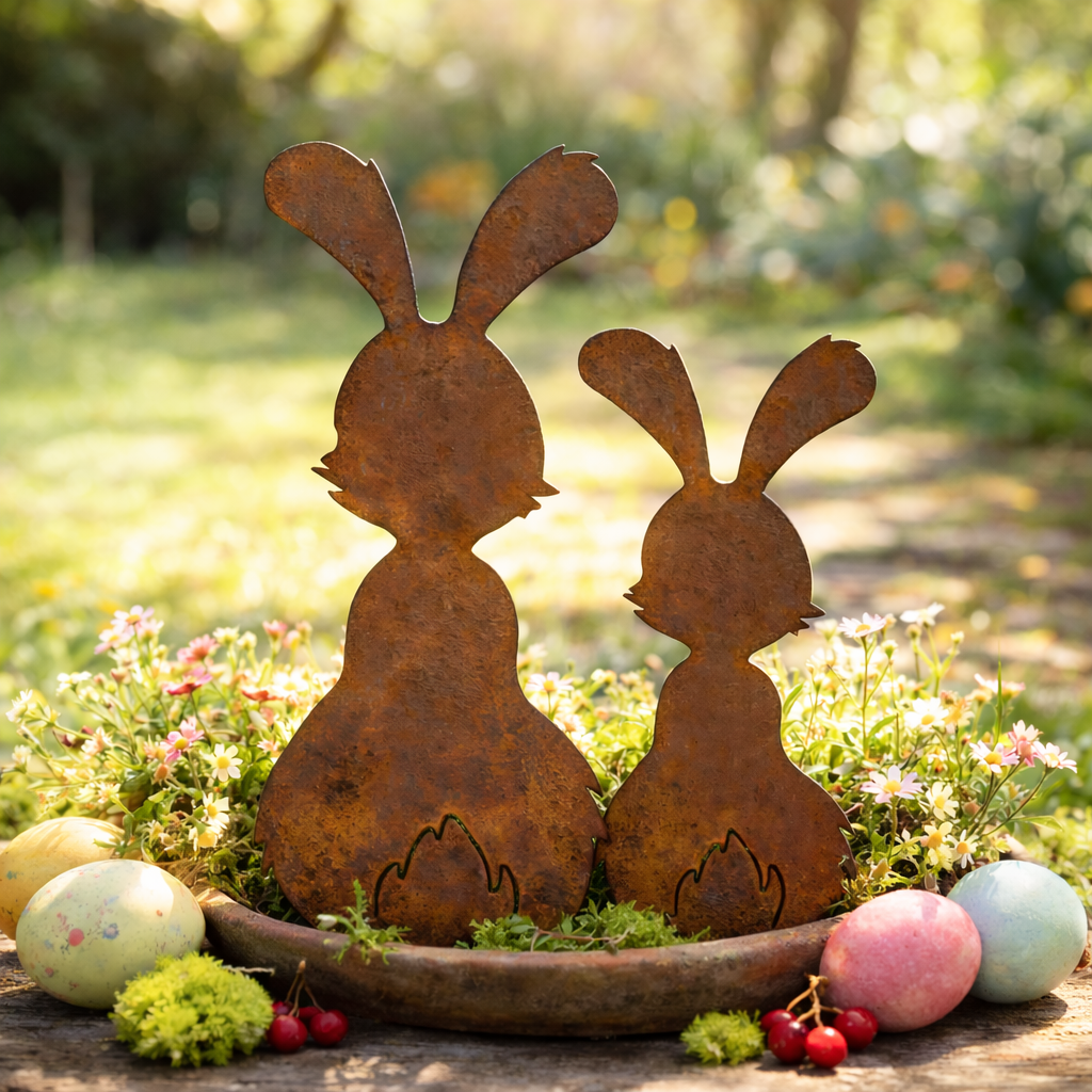 Set of 2 Rustic Metal Bunny Garden Stakes
