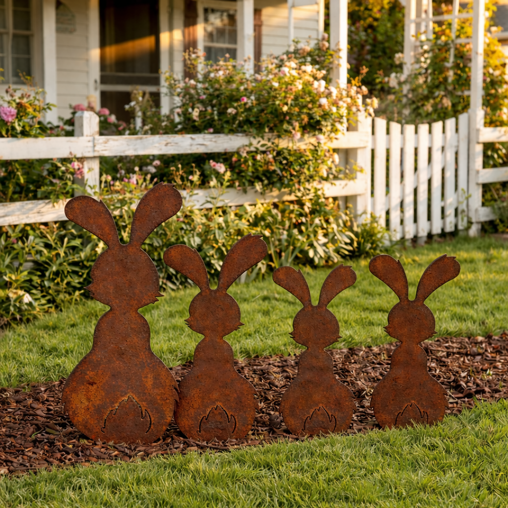 Set of 2 Rustic Metal Bunny Garden Stakes