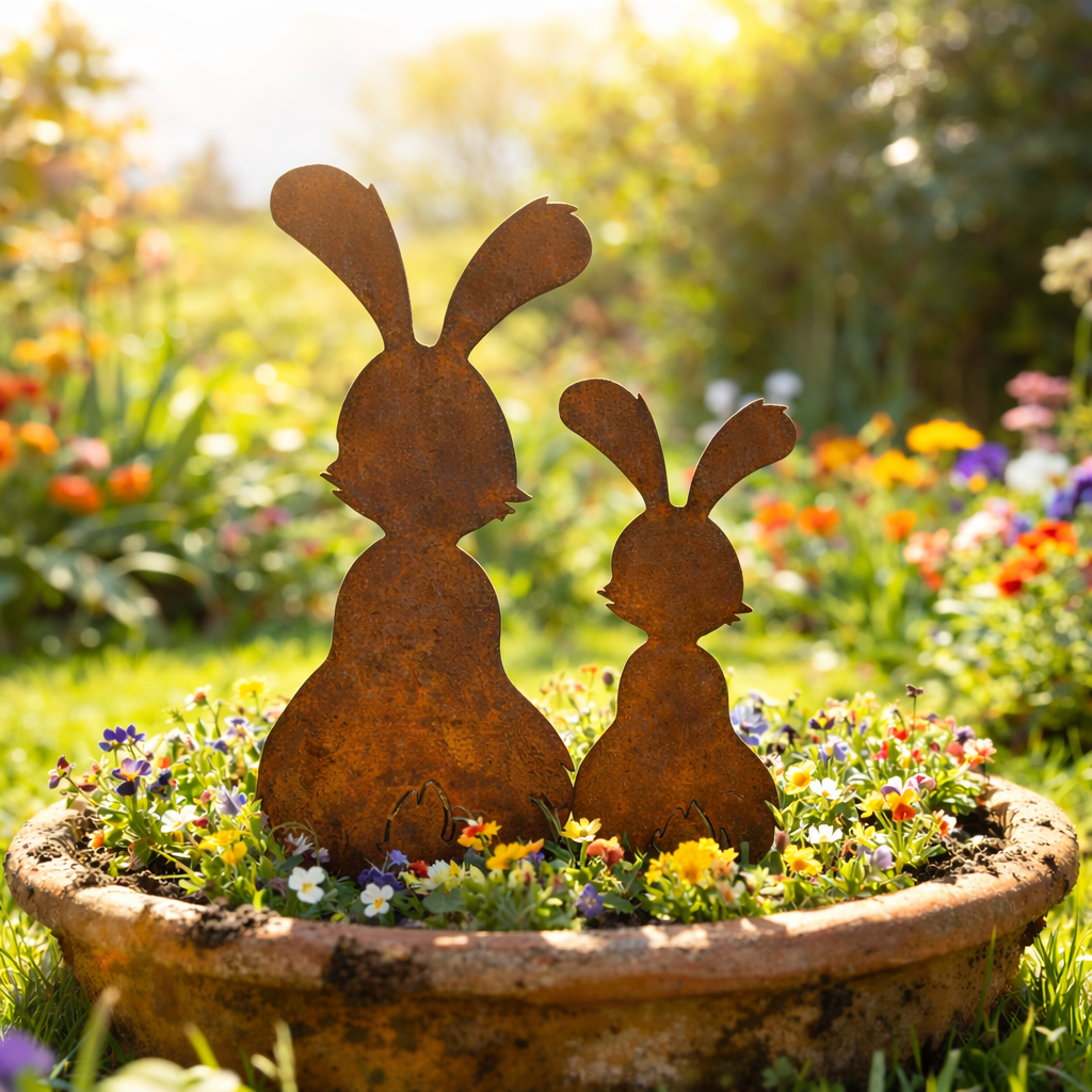 Set of 2 Rustic Metal Bunny Garden Stakes