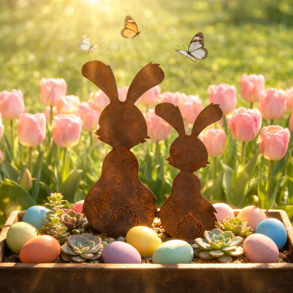 Set of 2 Rustic Metal Bunny Garden Stakes