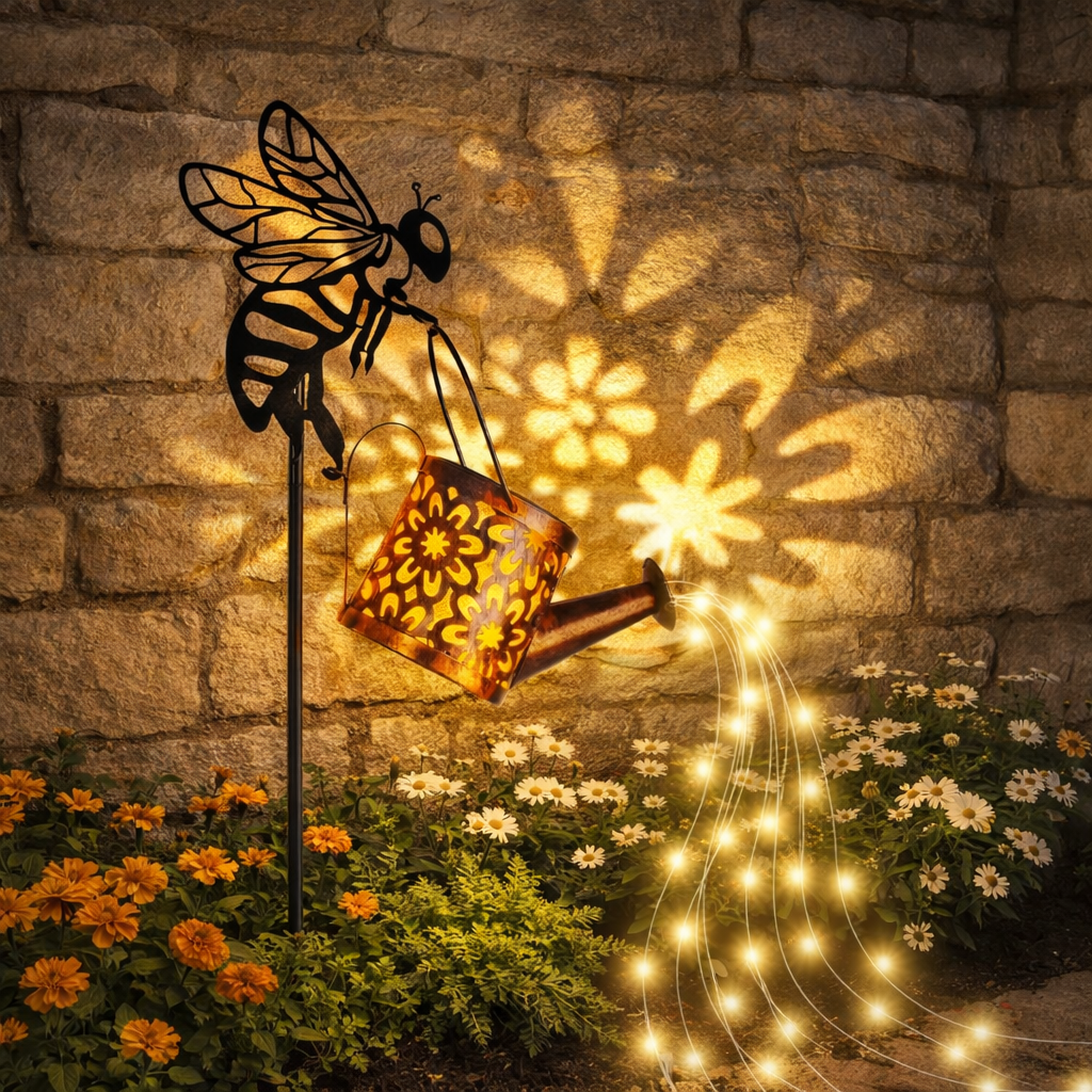Bee Watering Can Solar Garden Light – Glowing Water Stream Decor