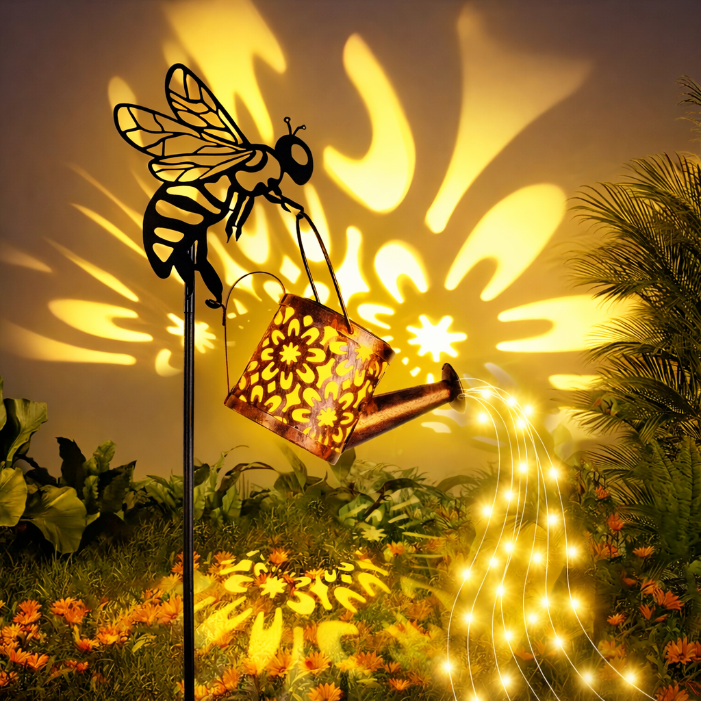 Bee Watering Can Solar Garden Light – Glowing Water Stream Decor