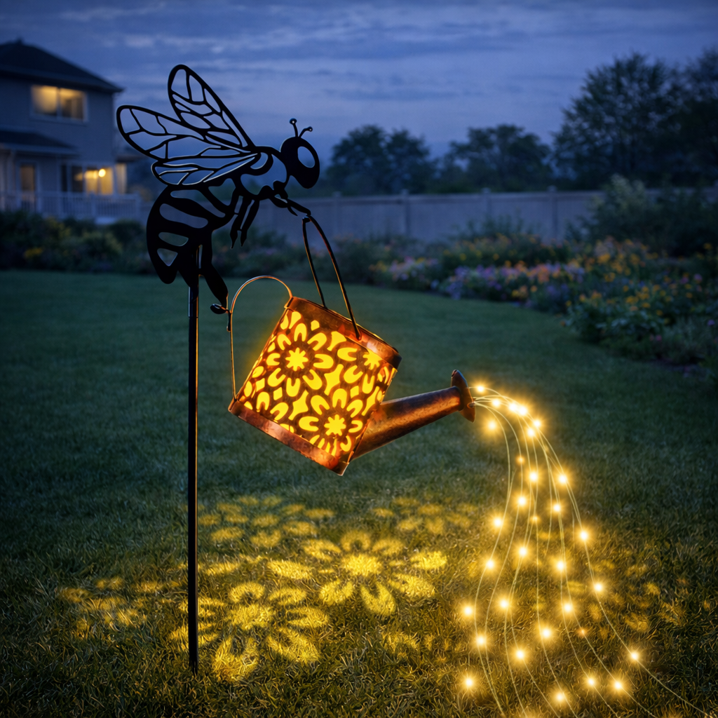 Bee Watering Can Solar Garden Light – Glowing Water Stream Decor