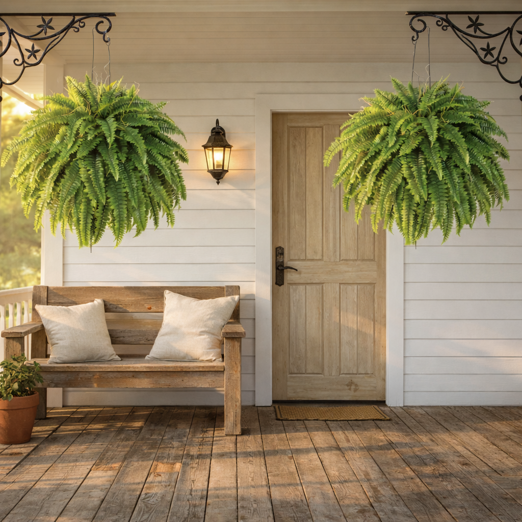 Classic Boston Fern Porch Planter – Lush Green Entryway Decor