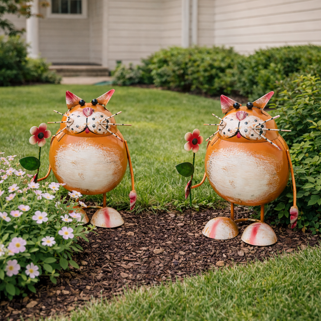 Whimsical Metal Cat Garden Statue with Flower