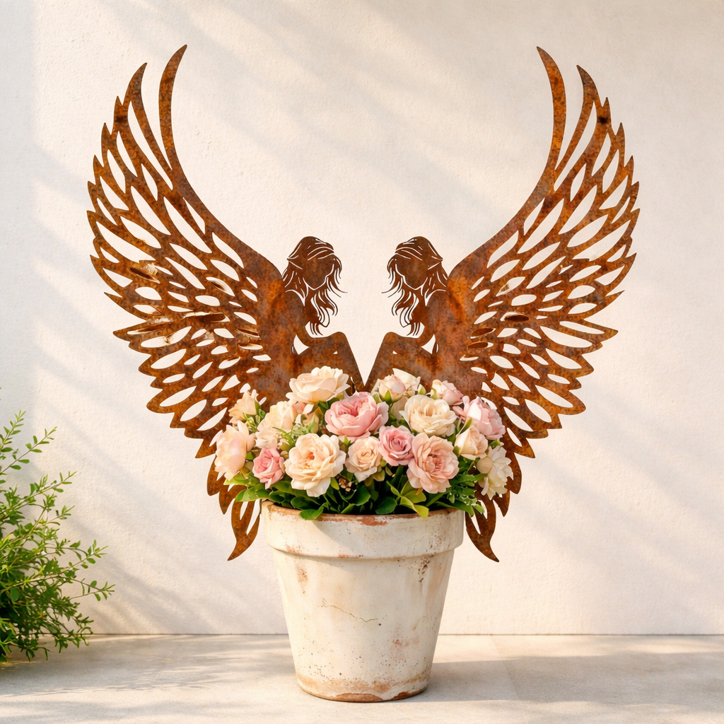 Distressed Rust Metal Angel Wing Planter Accent Pair