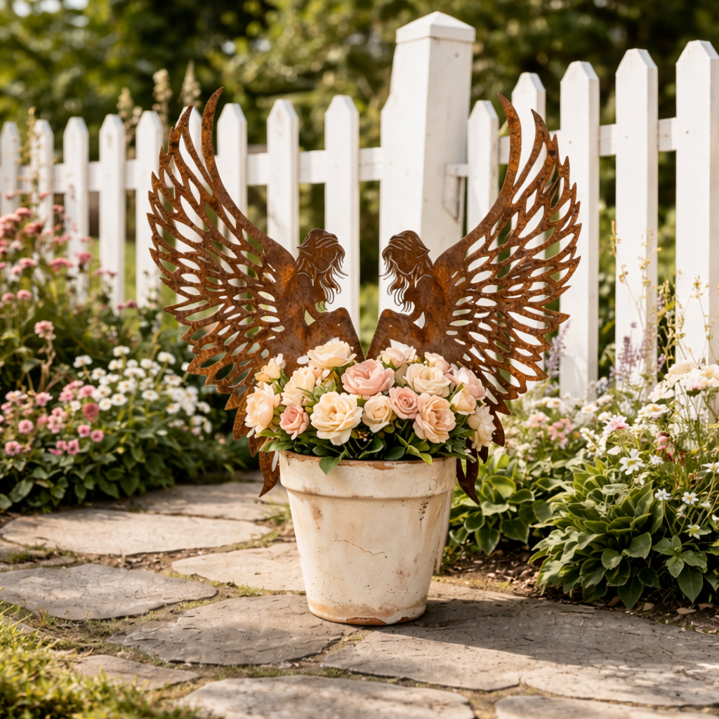 Distressed Rust Metal Angel Wing Planter Accent Pair