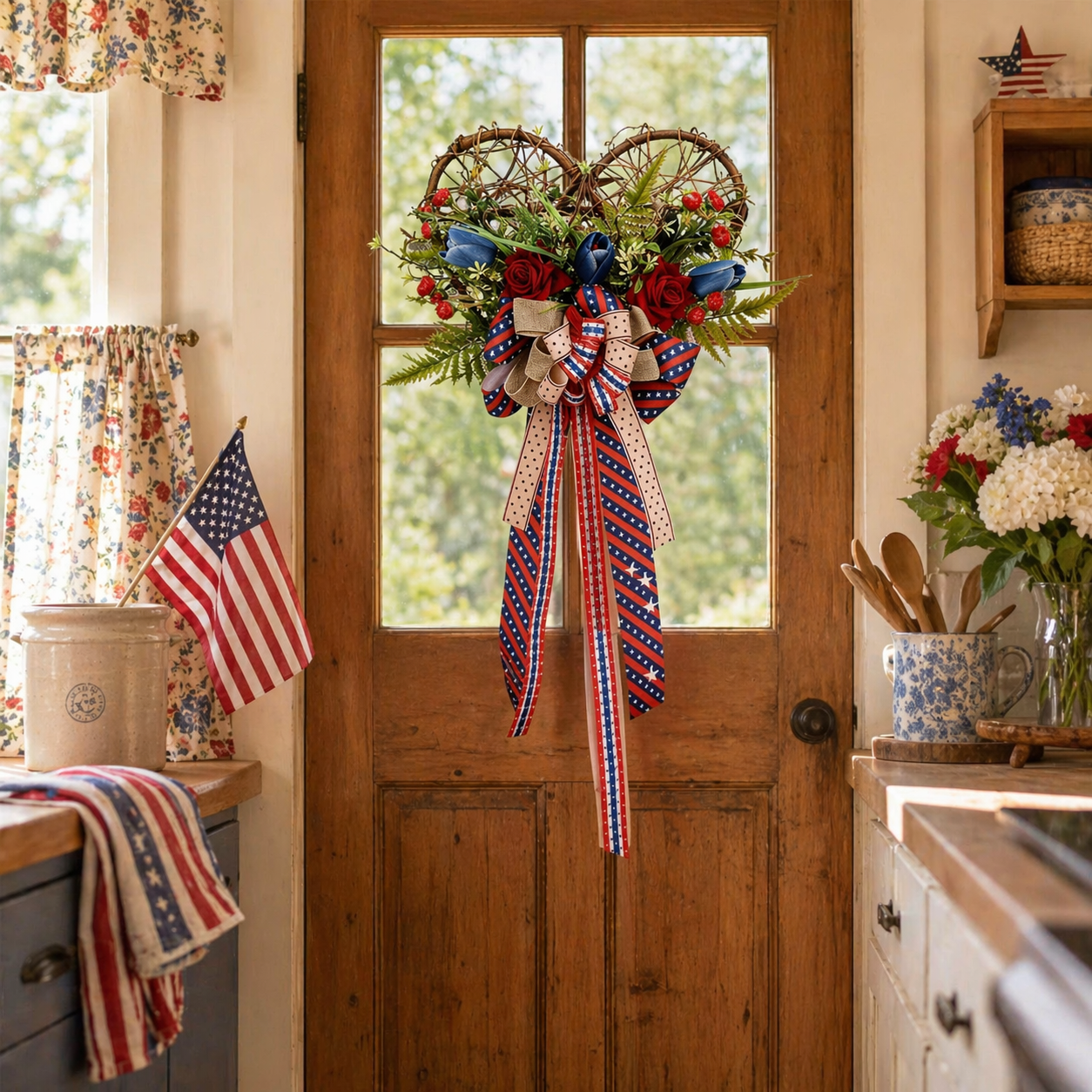 Patriotic Heart Door Wreath with Americana Ribbon Bow