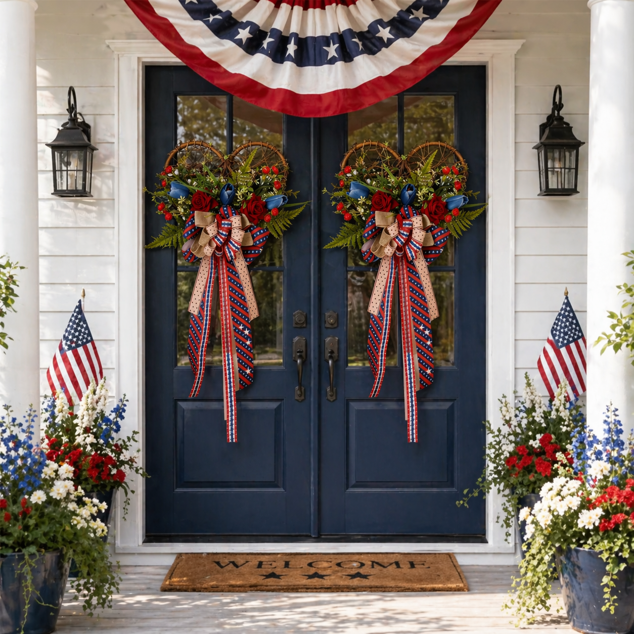 Patriotic Heart Door Wreath with Americana Ribbon Bow