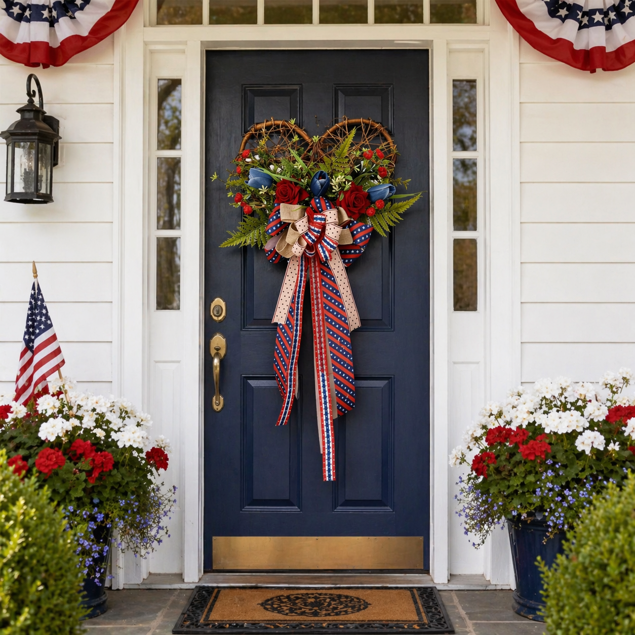 Patriotic Heart Door Wreath with Americana Ribbon Bow
