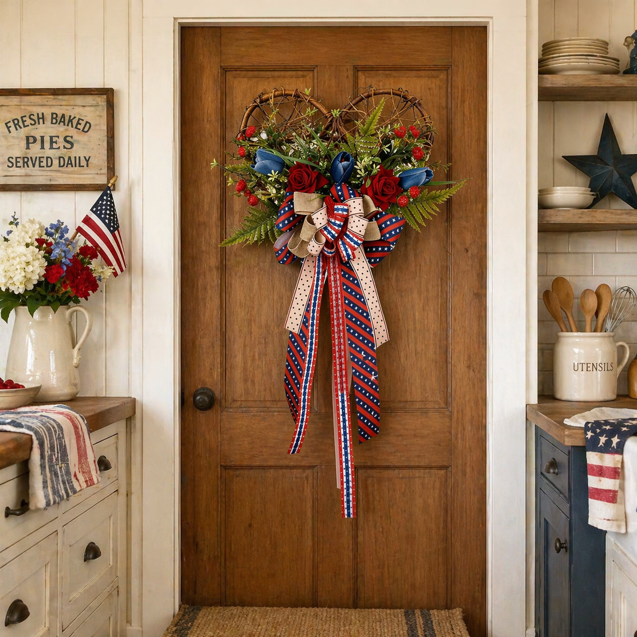 Patriotic Heart Door Wreath with Americana Ribbon Bow