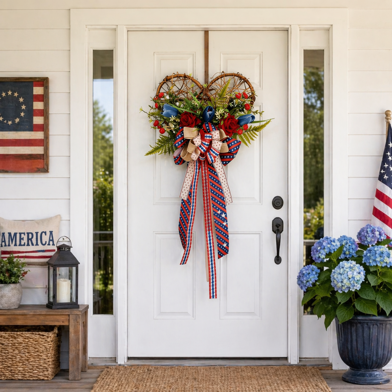 Patriotic Heart Door Wreath with Americana Ribbon Bow