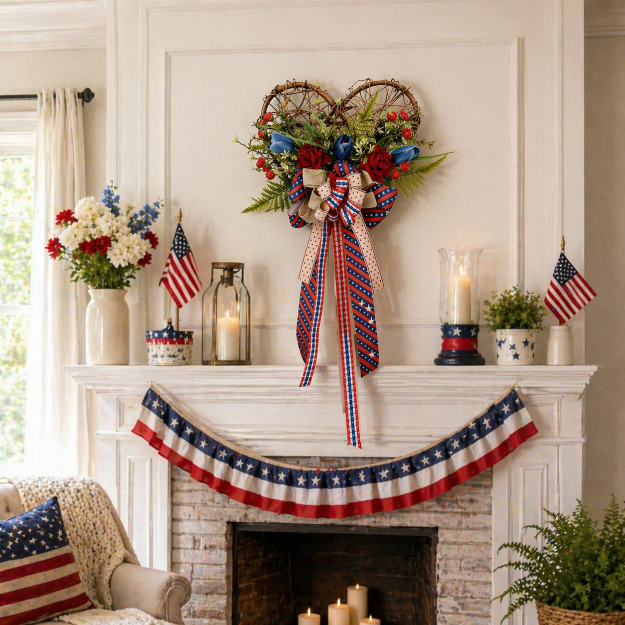 Patriotic Heart Door Wreath with Americana Ribbon Bow