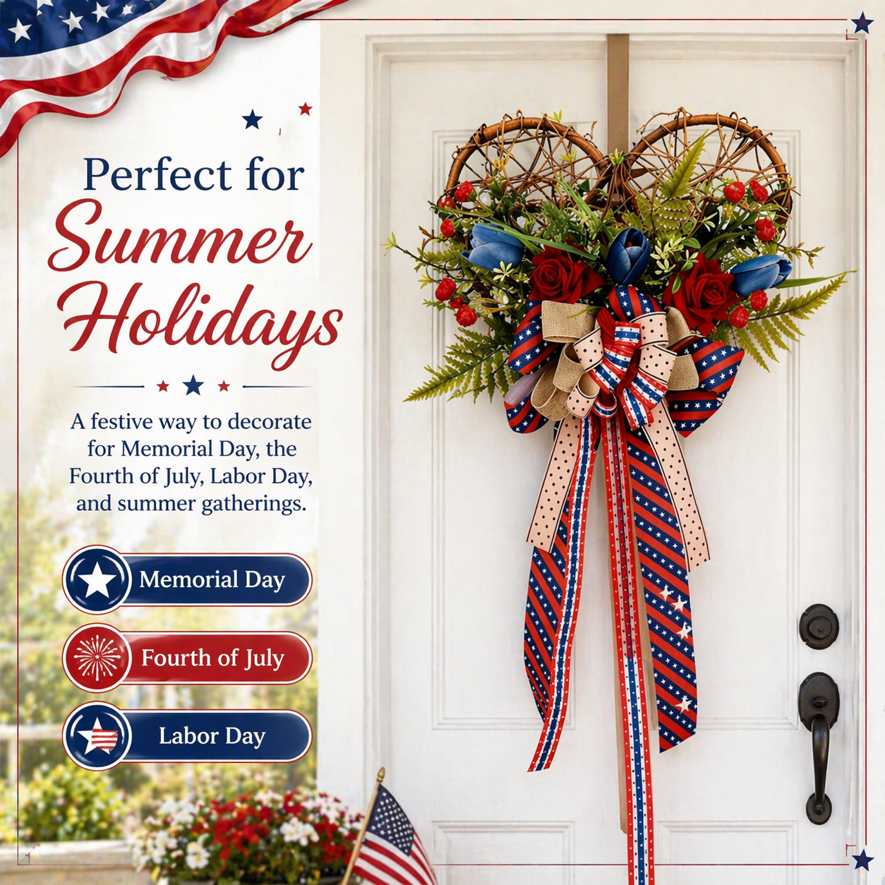 Patriotic Heart Door Wreath with Americana Ribbon Bow