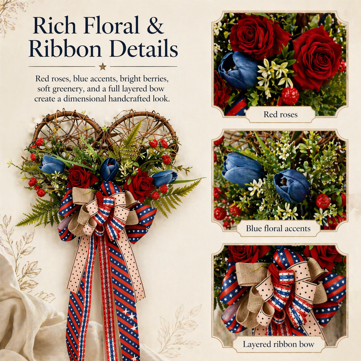 Patriotic Heart Door Wreath with Americana Ribbon Bow