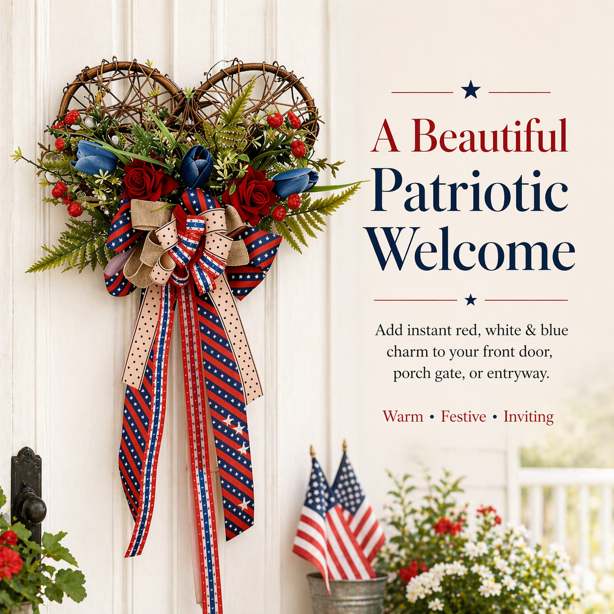 Patriotic Heart Door Wreath with Americana Ribbon Bow