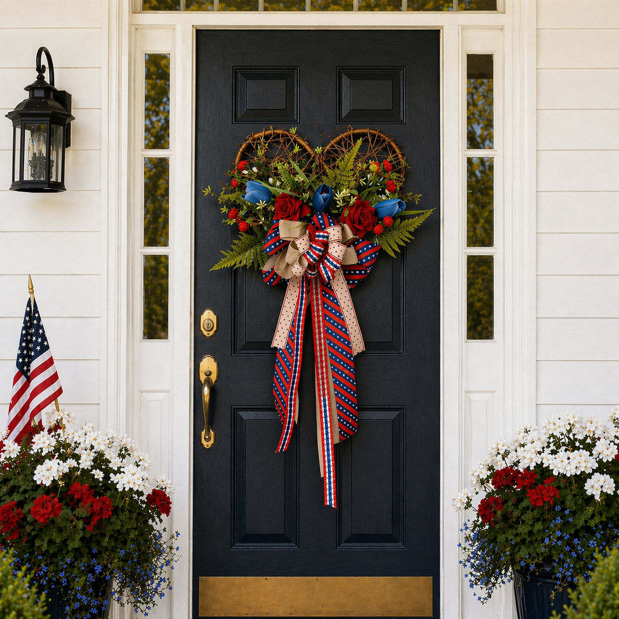 Patriotic Heart Door Wreath with Americana Ribbon Bow