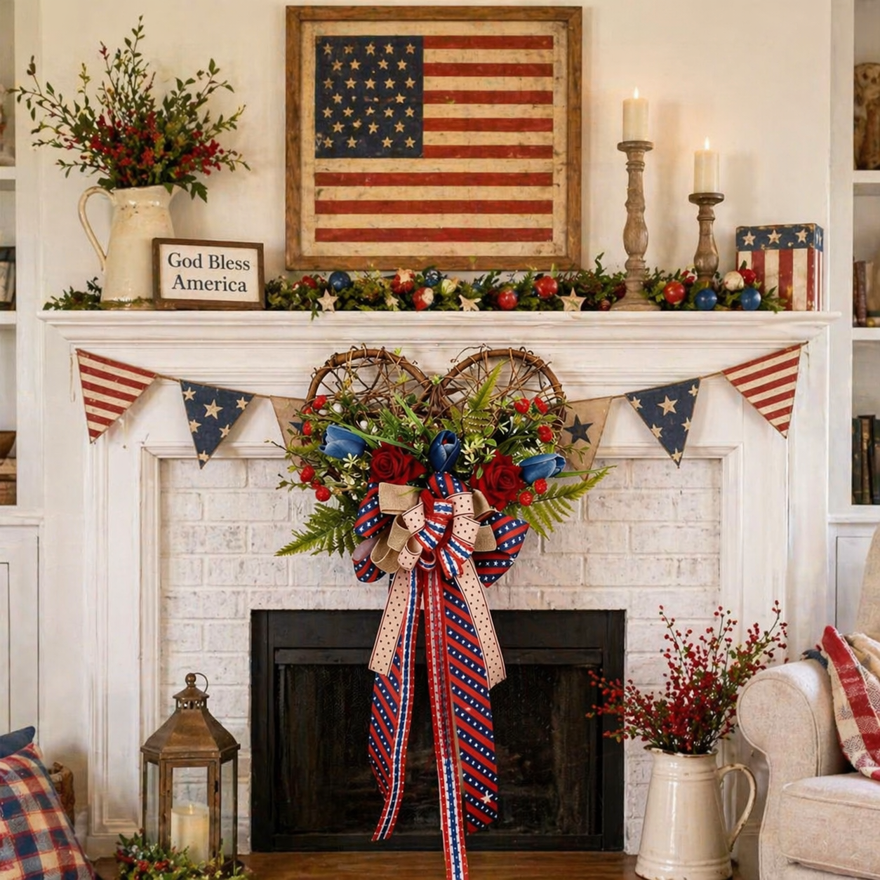 Patriotic Heart Door Wreath with Americana Ribbon Bow