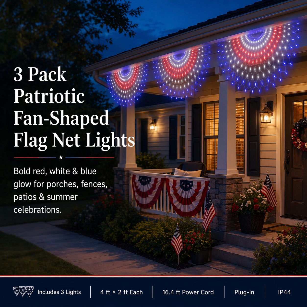 3 Pack Patriotic Fan-Shaped Flag Net Lights