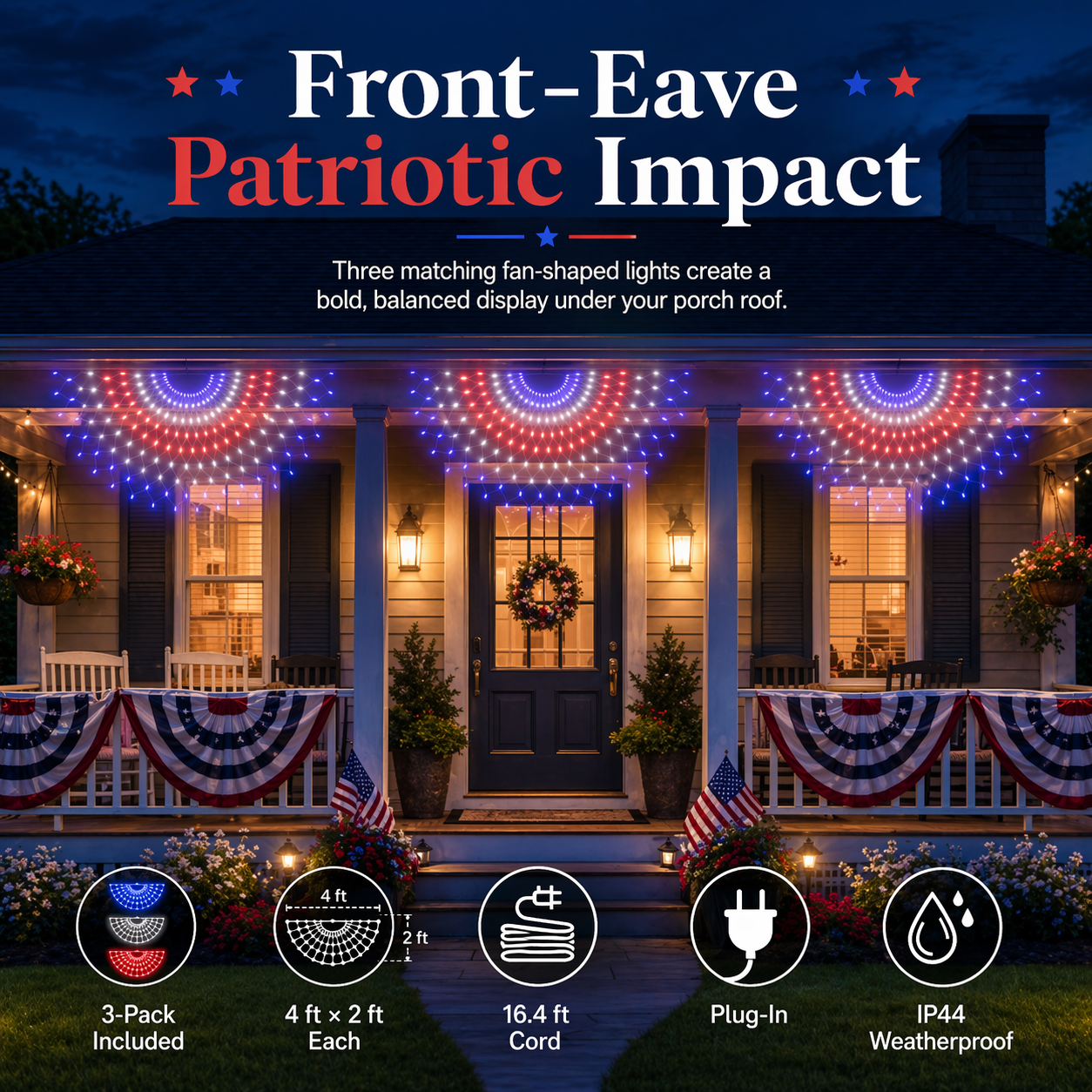 3 Pack Patriotic Fan-Shaped Flag Net Lights