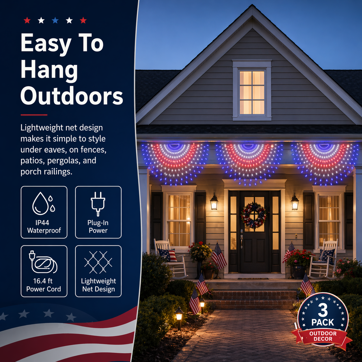 3 Pack Patriotic Fan-Shaped Flag Net Lights