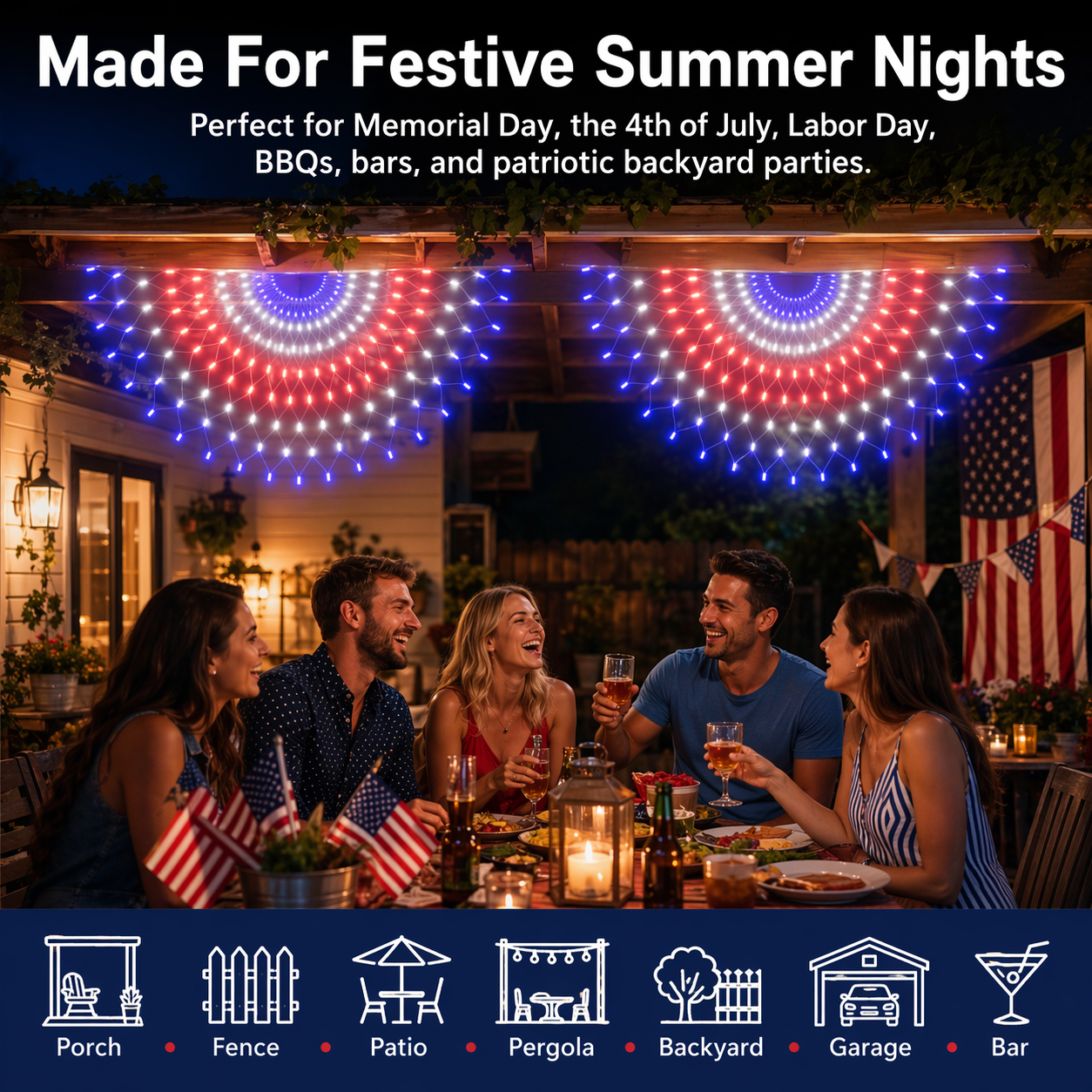 3 Pack Patriotic Fan-Shaped Flag Net Lights