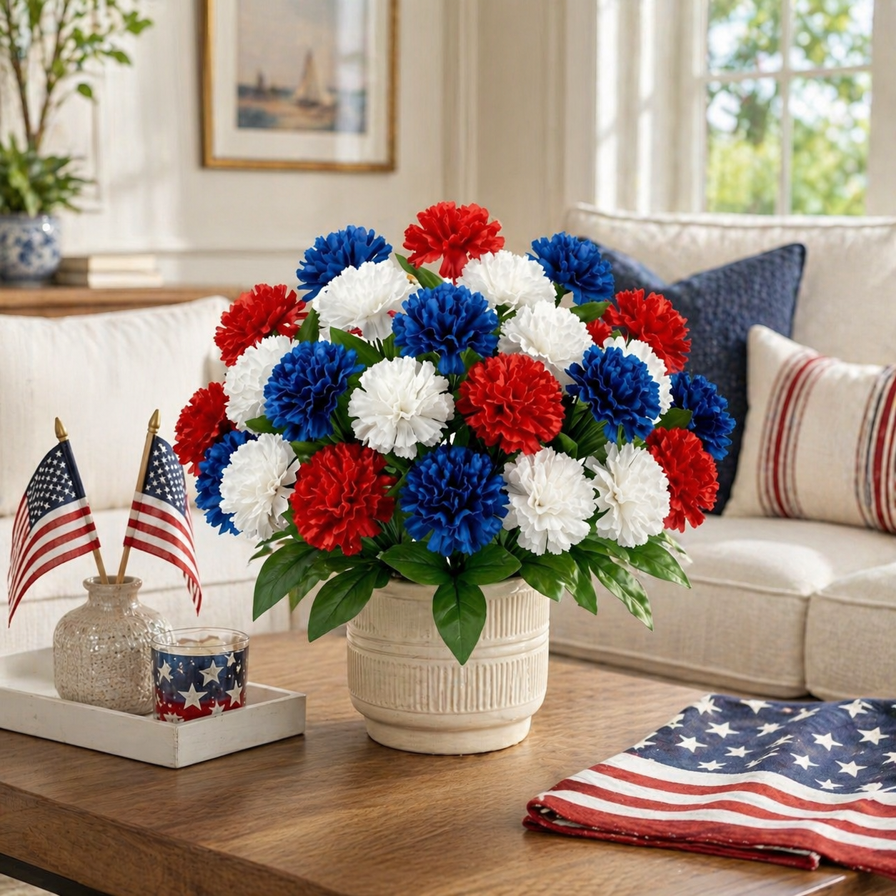 4th of July Red, White & Blue Faux Pompom Mums Bouquet
