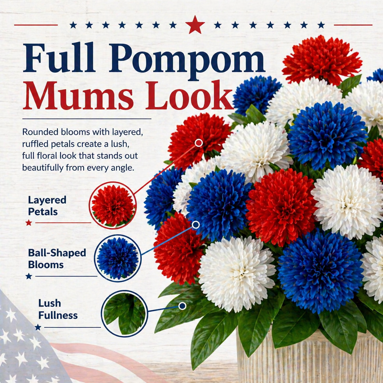 4th of July Red, White & Blue Faux Pompom Mums Bouquet