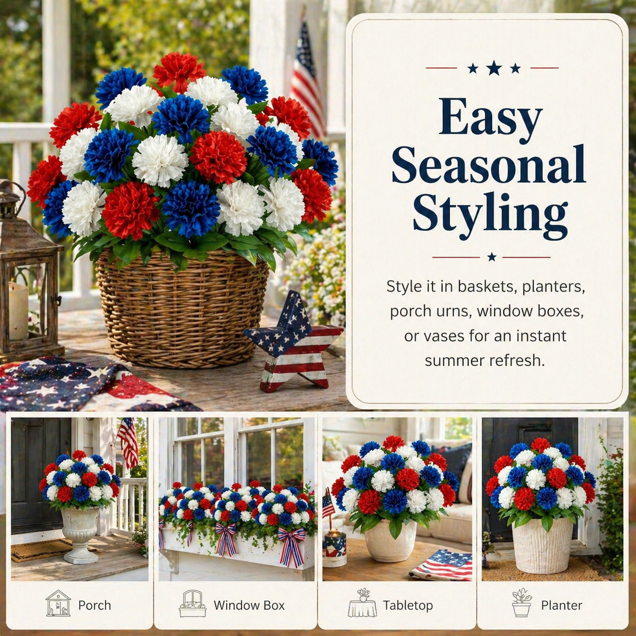4th of July Red, White & Blue Faux Pompom Mums Bouquet