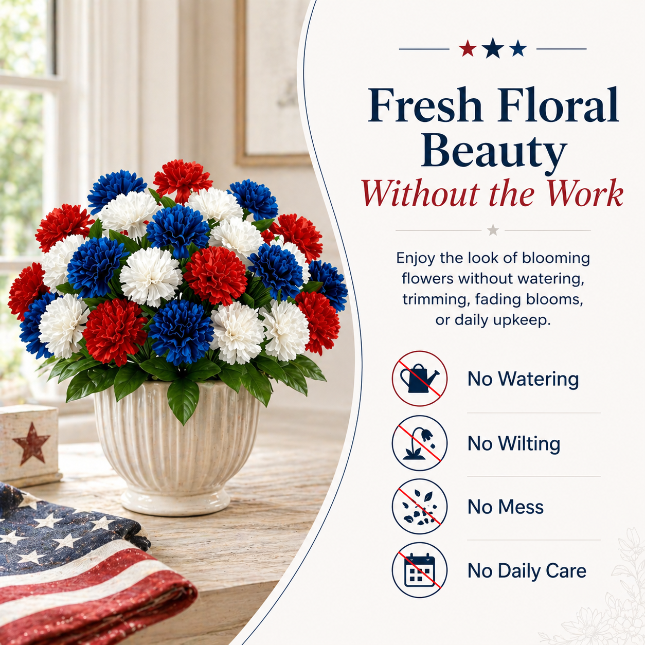 4th of July Red, White & Blue Faux Pompom Mums Bouquet