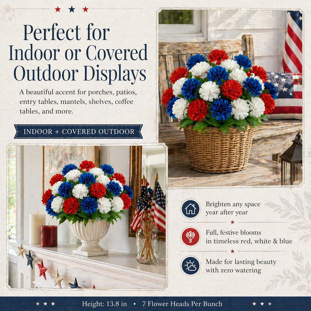 4th of July Red, White & Blue Faux Pompom Mums Bouquet