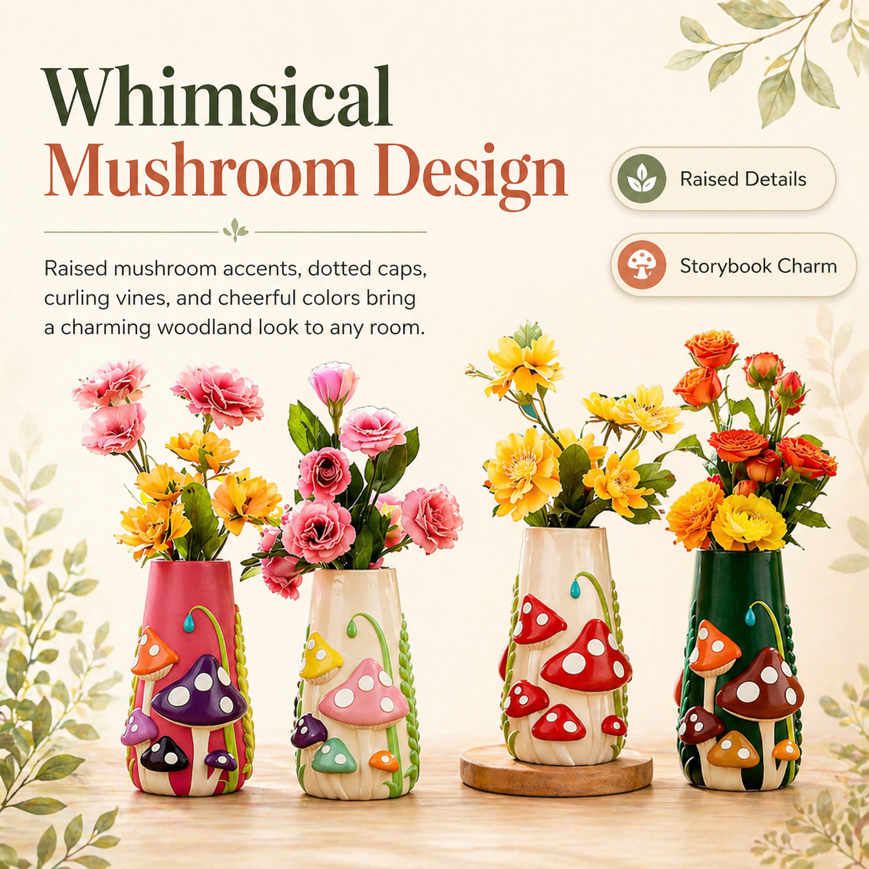 Mushroom Meadow Hand-Painted Vase Collection