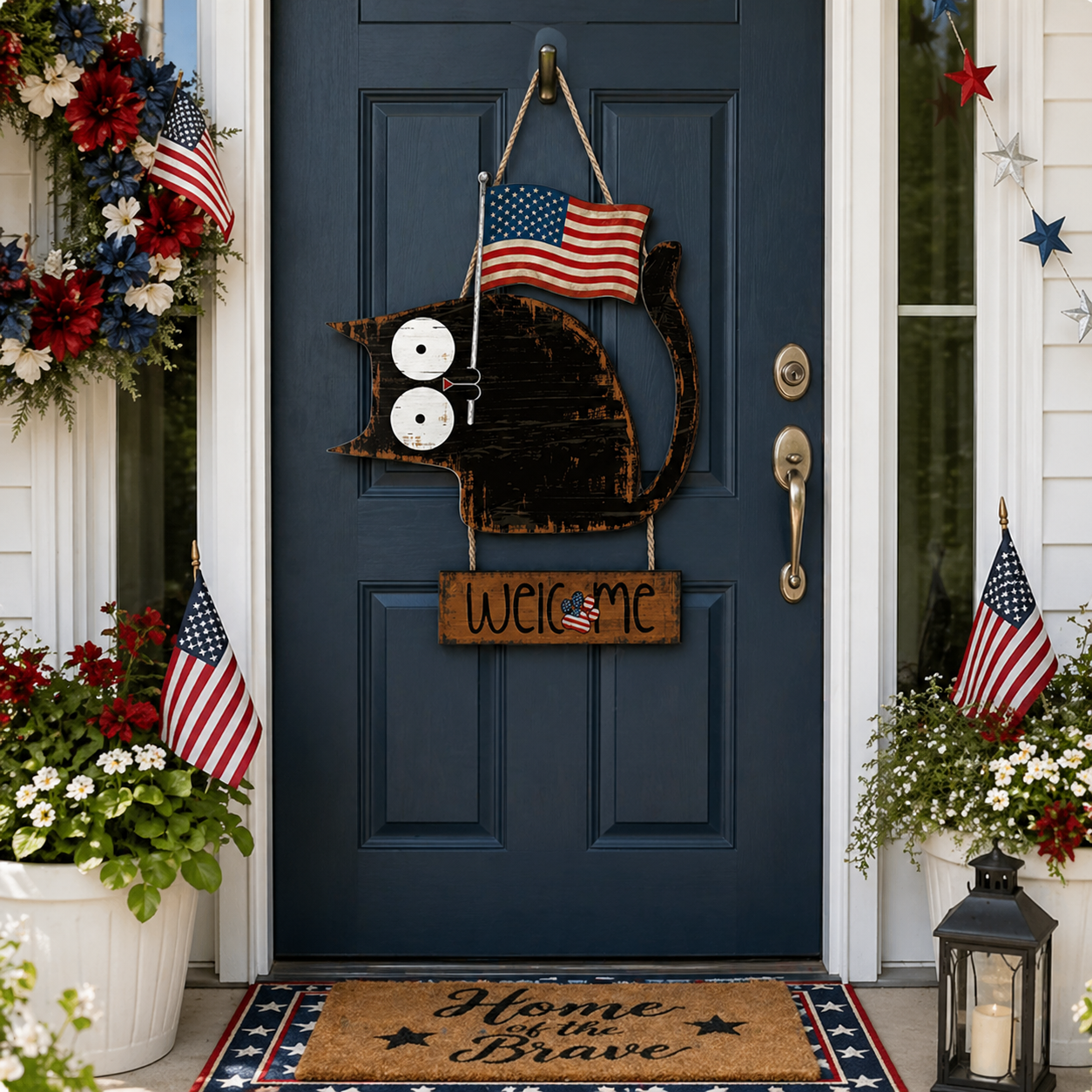 Patriotic Black Cat Welcome Door Hanger