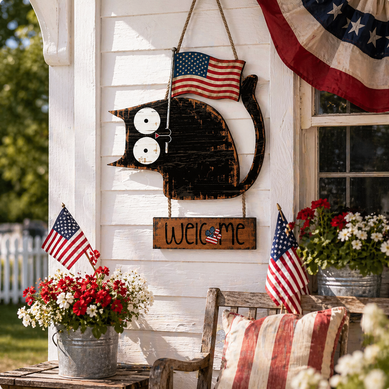 Patriotic Black Cat Welcome Door Hanger