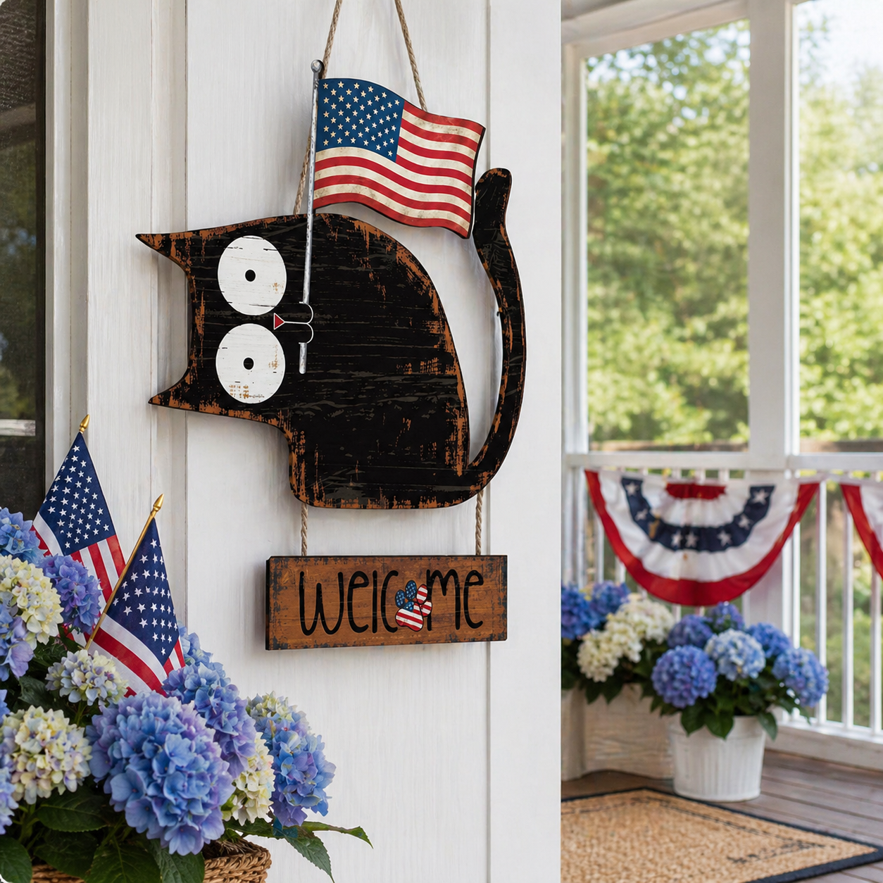 Patriotic Black Cat Welcome Door Hanger