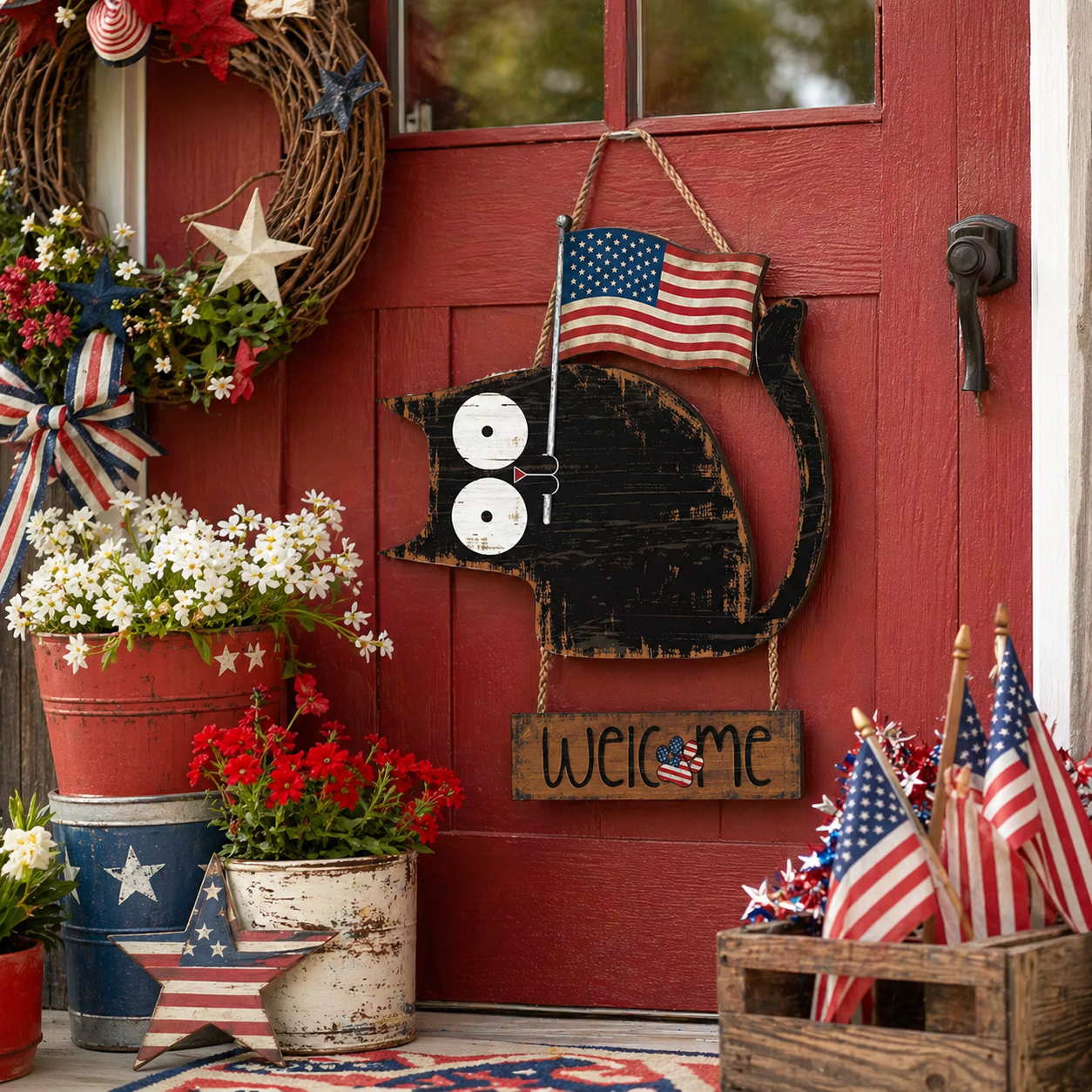 Patriotic Black Cat Welcome Door Hanger