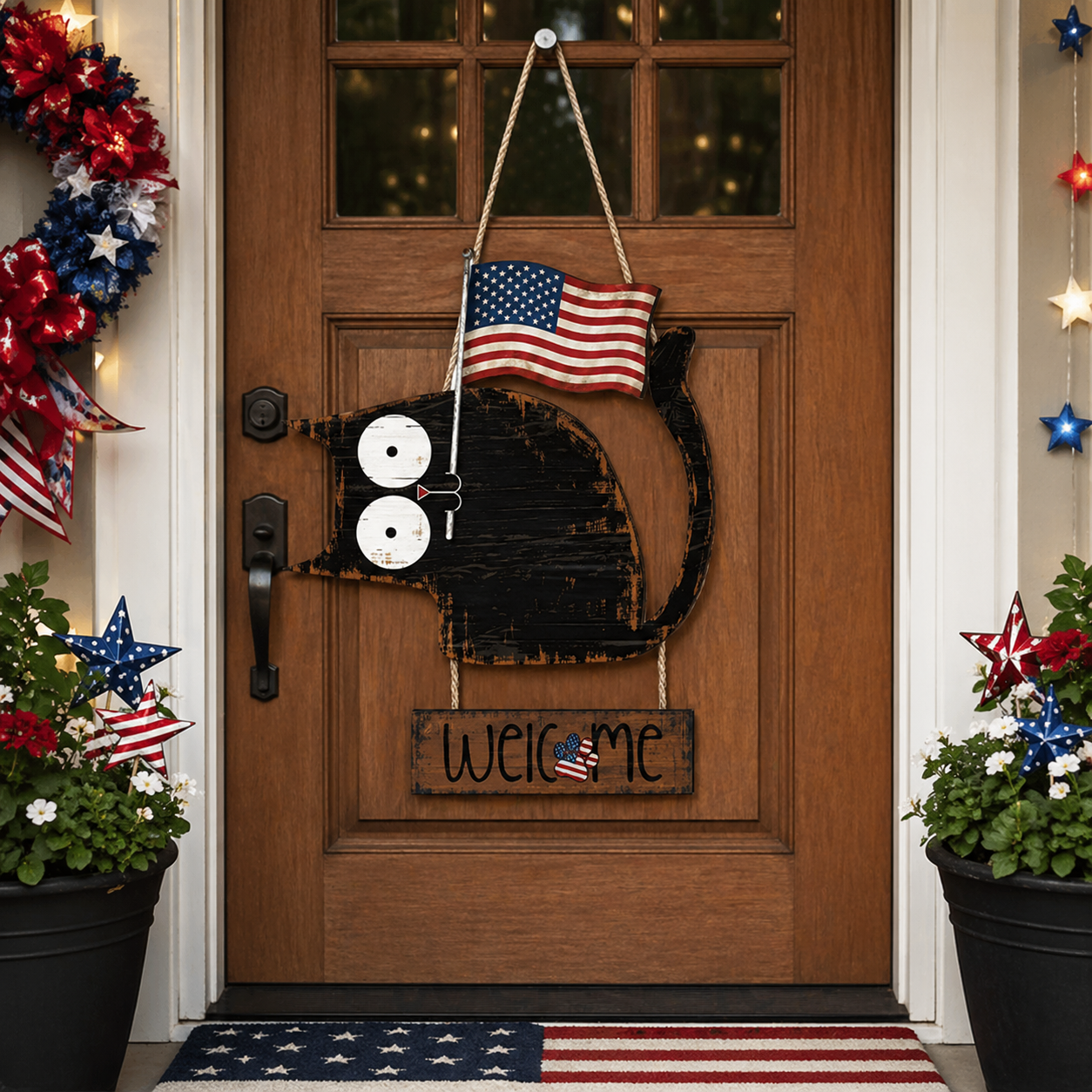 Patriotic Black Cat Welcome Door Hanger