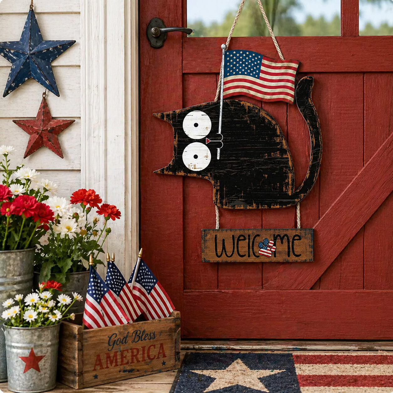 Patriotic Black Cat Welcome Door Hanger