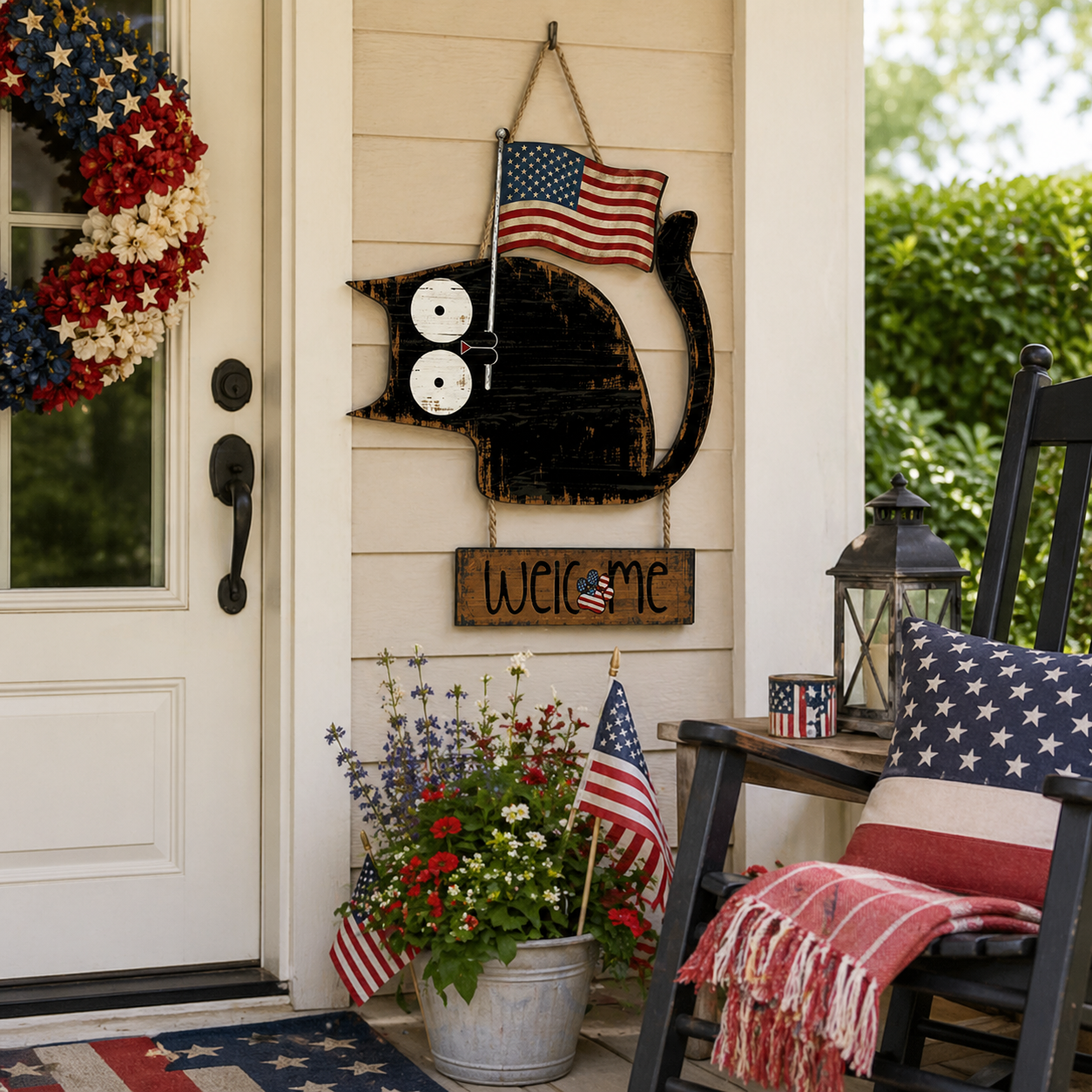Patriotic Black Cat Welcome Door Hanger