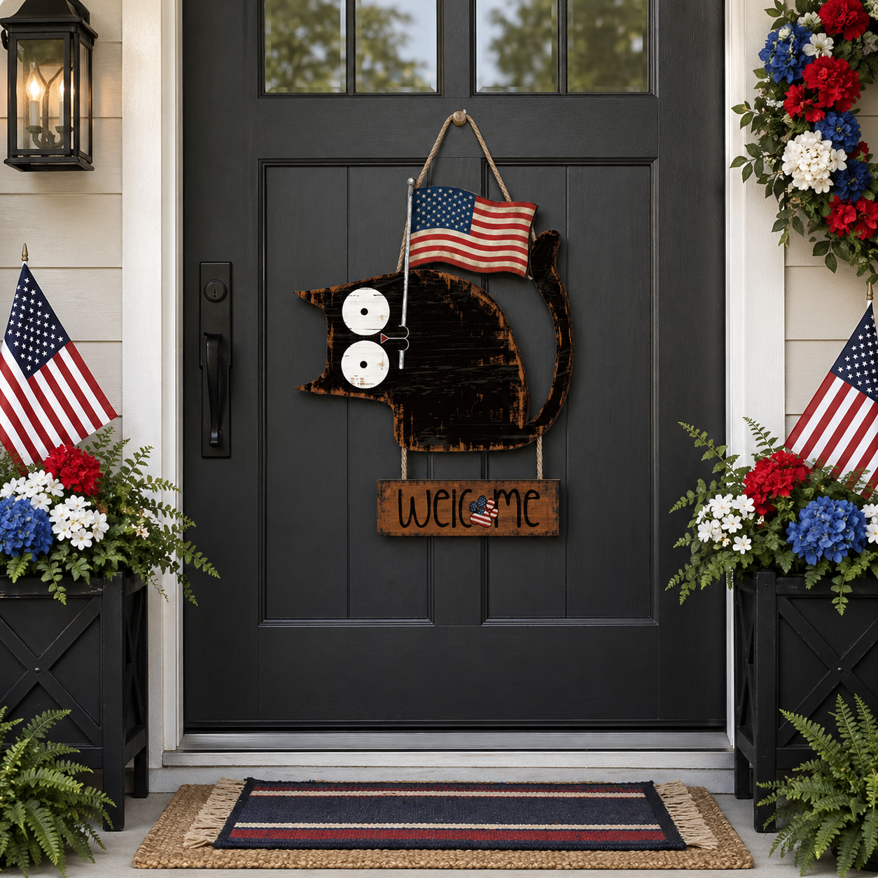 Patriotic Black Cat Welcome Door Hanger