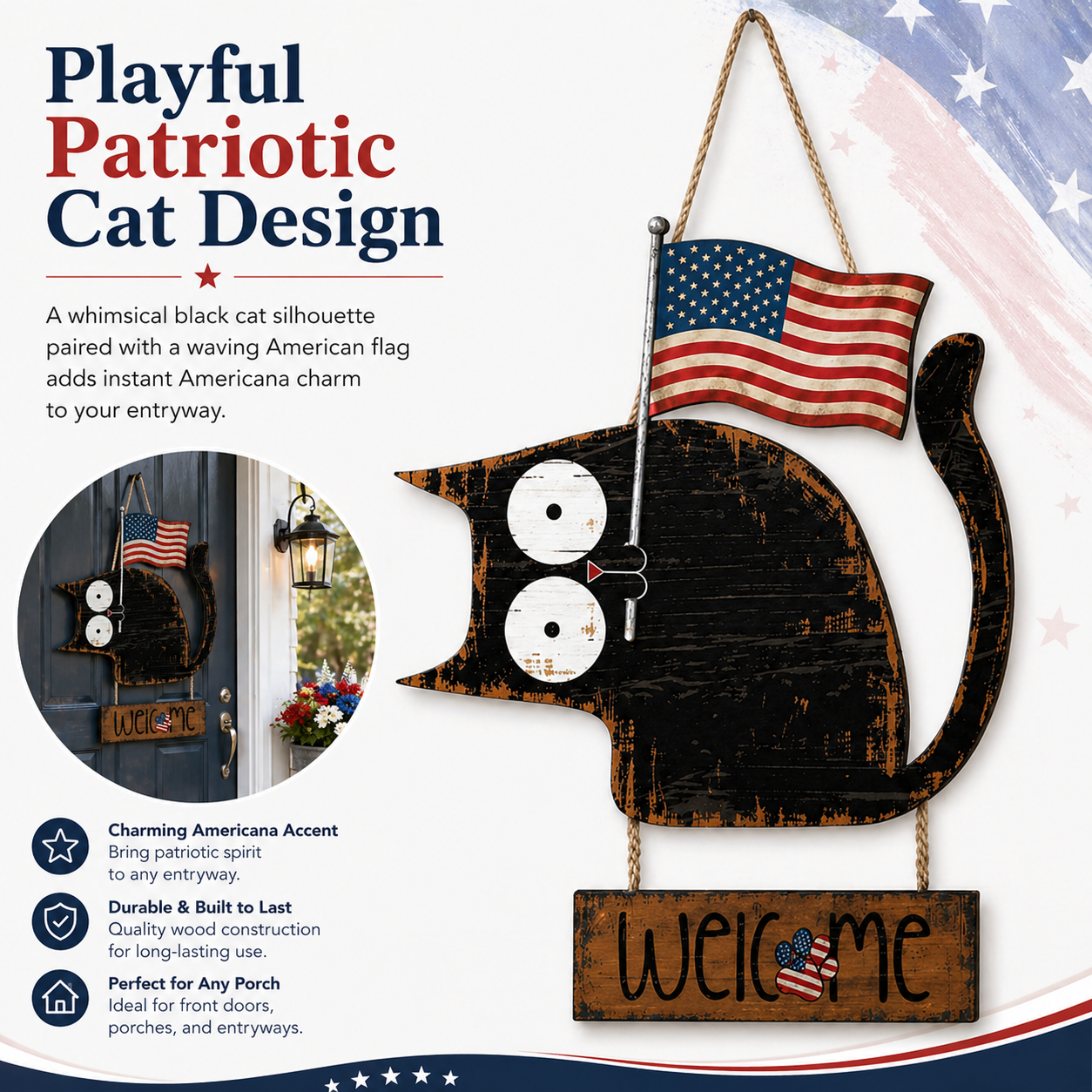 Patriotic Black Cat Welcome Door Hanger