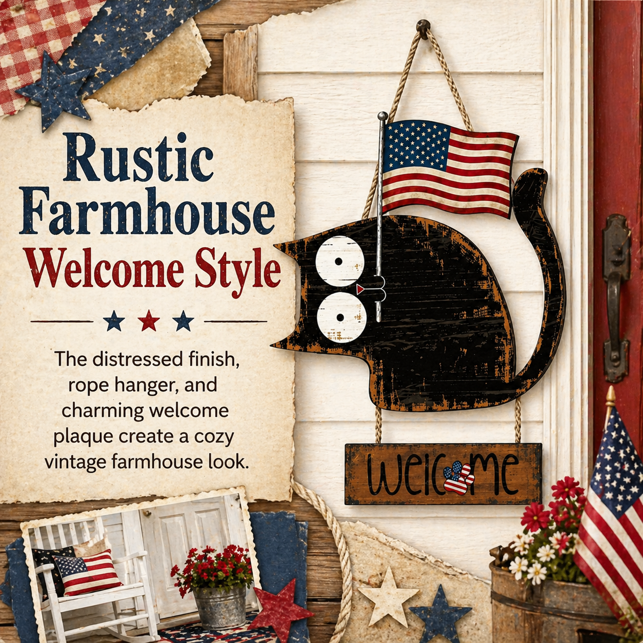 Patriotic Black Cat Welcome Door Hanger