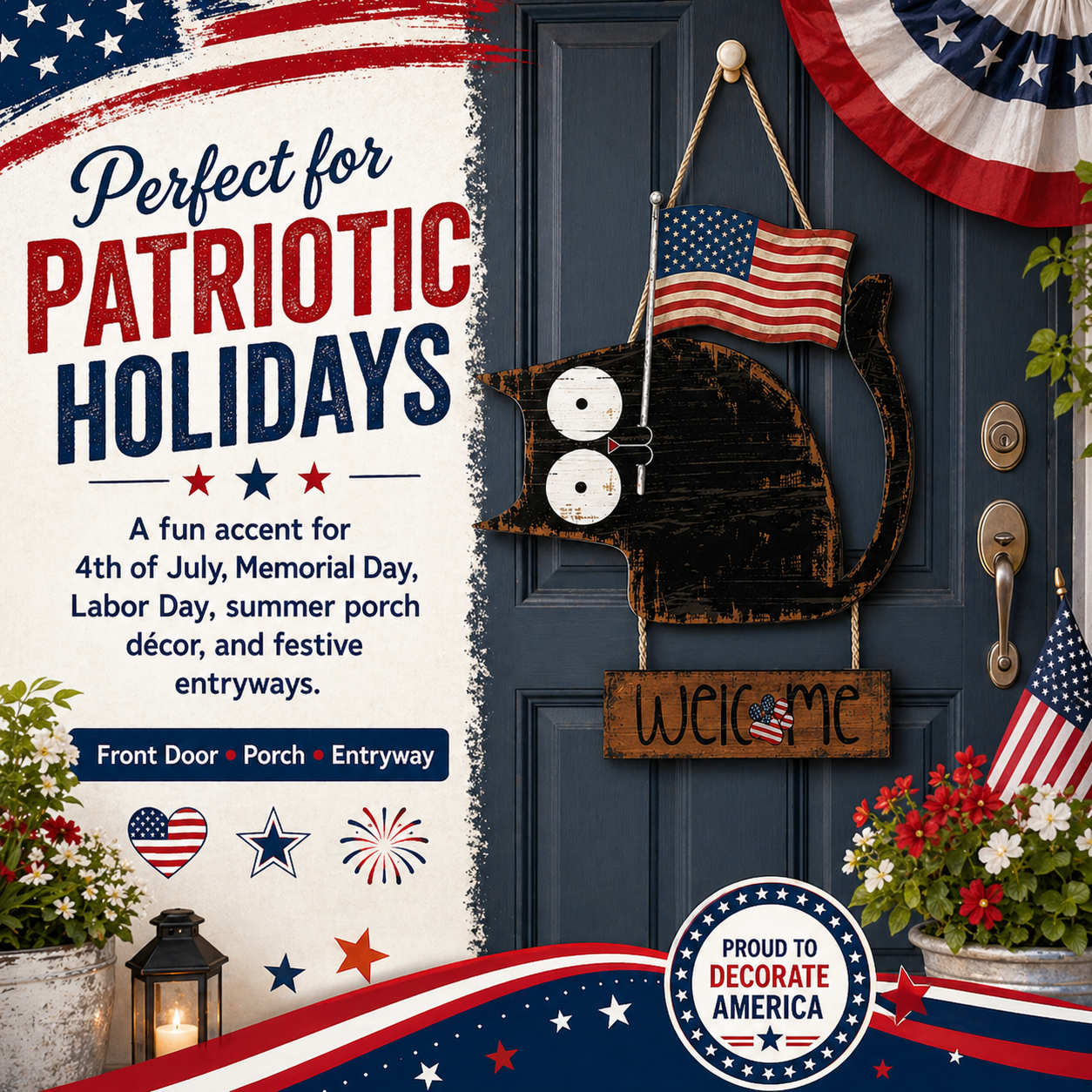 Patriotic Black Cat Welcome Door Hanger