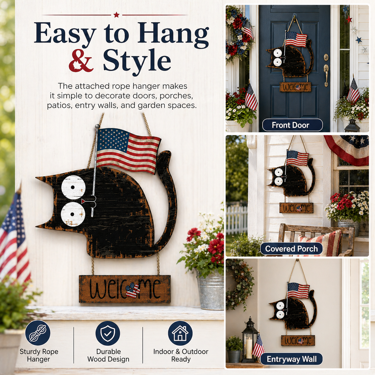 Patriotic Black Cat Welcome Door Hanger