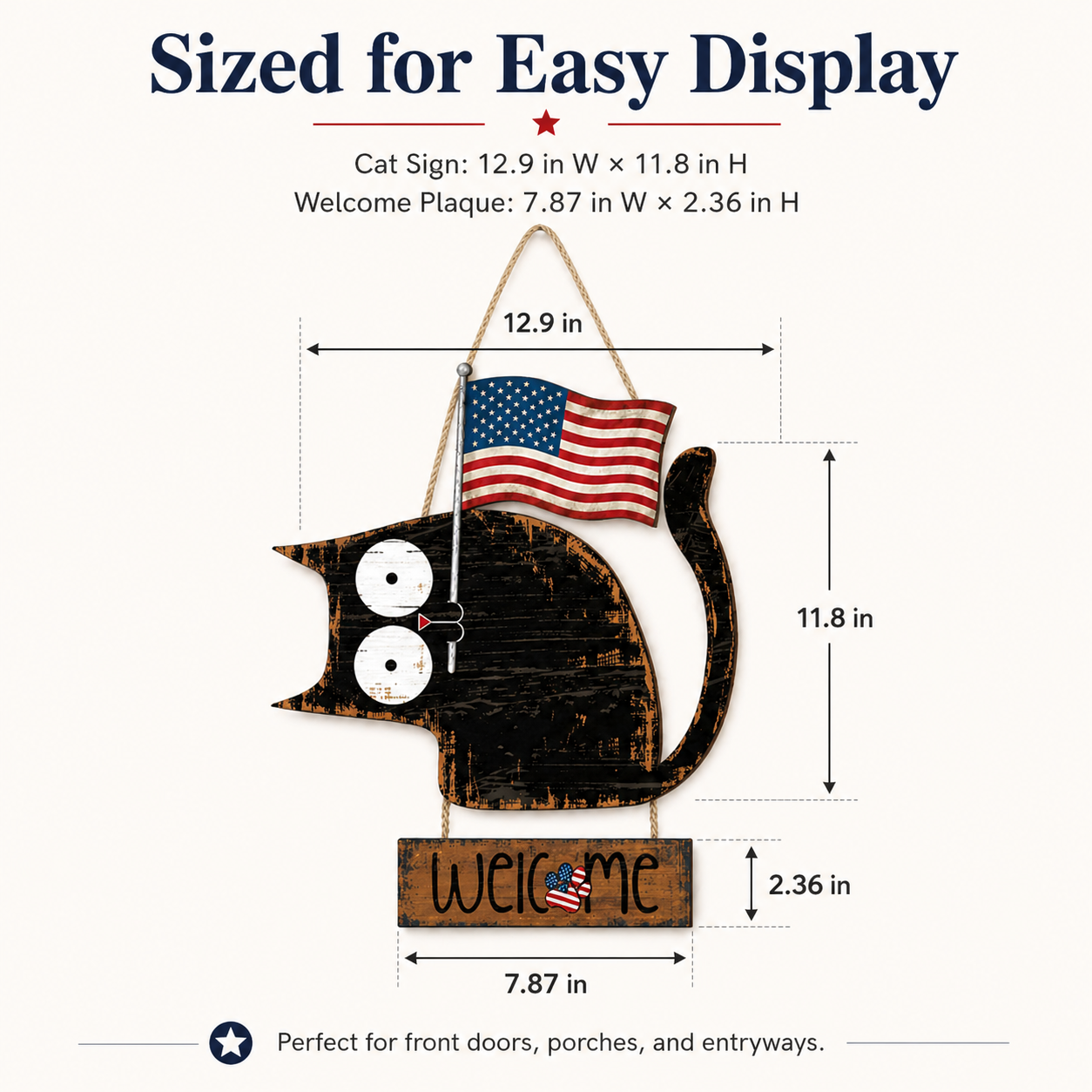 Patriotic Black Cat Welcome Door Hanger