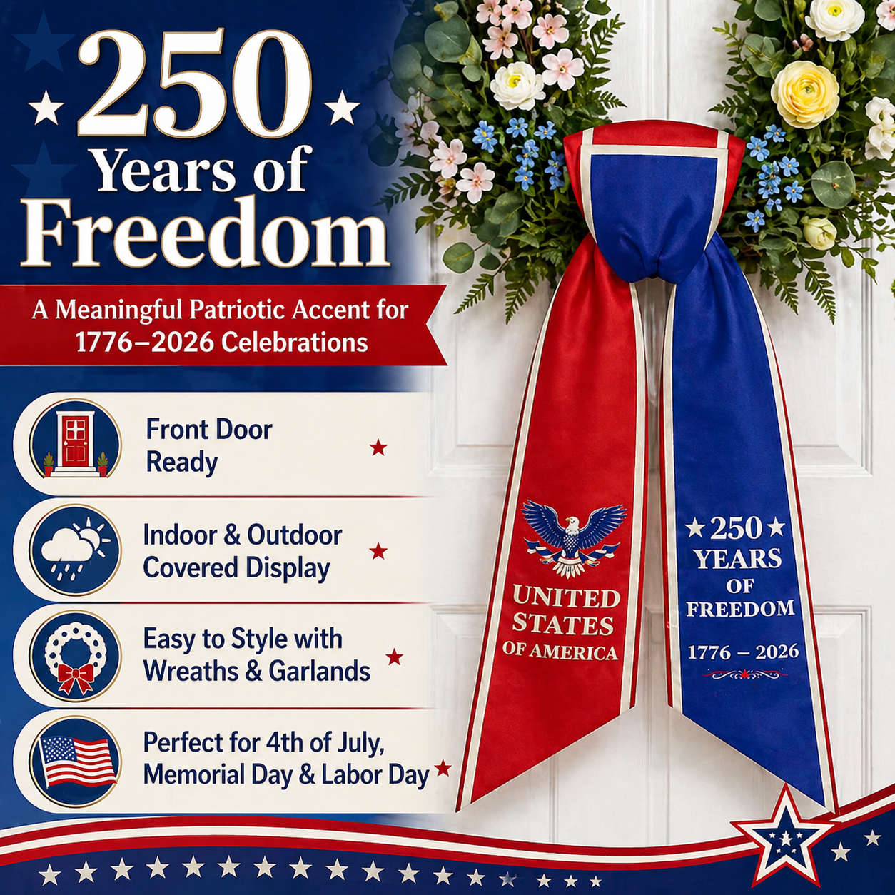 America 250th Anniversary Patriotic Wreath Ribbon Bow