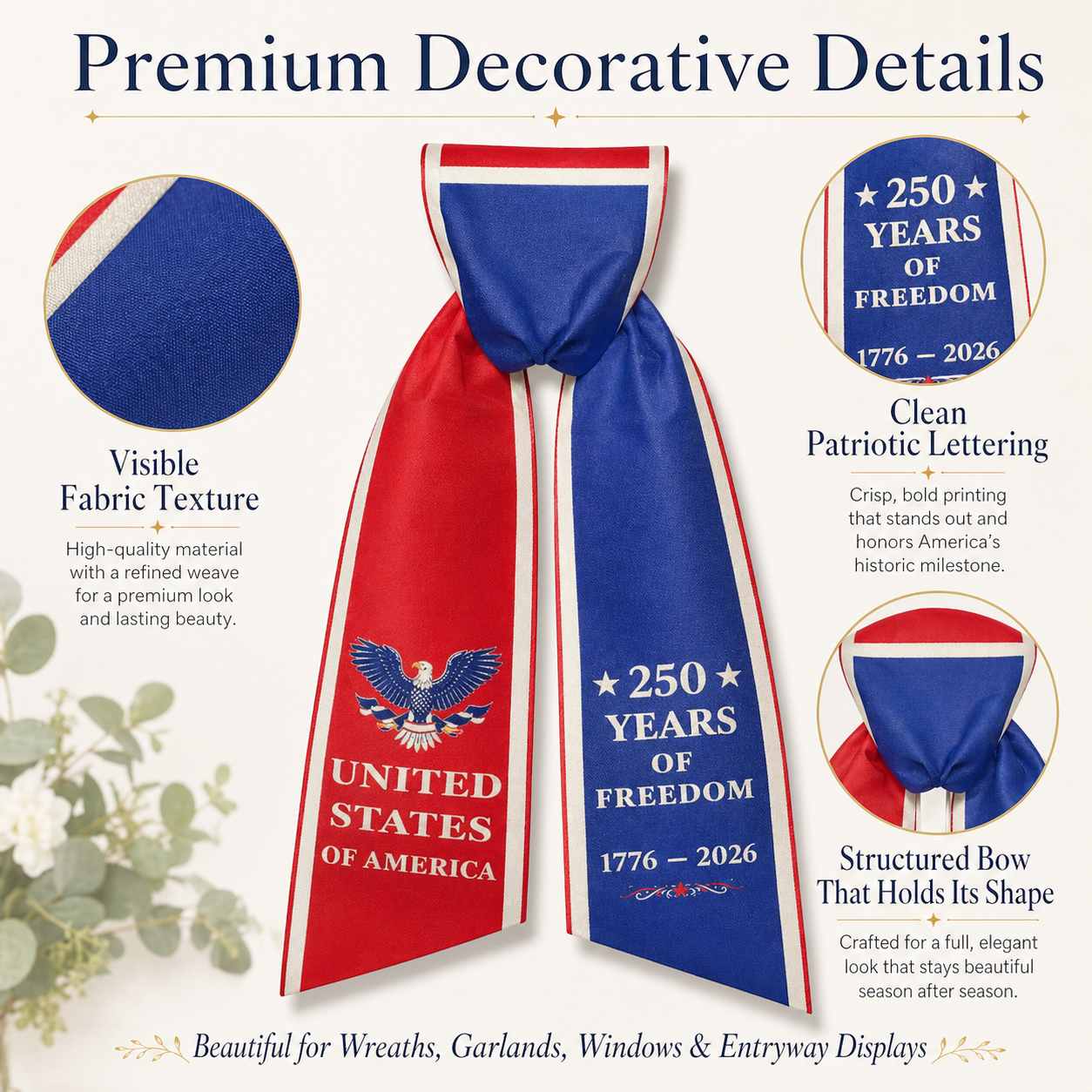 America 250th Anniversary Patriotic Wreath Ribbon Bow