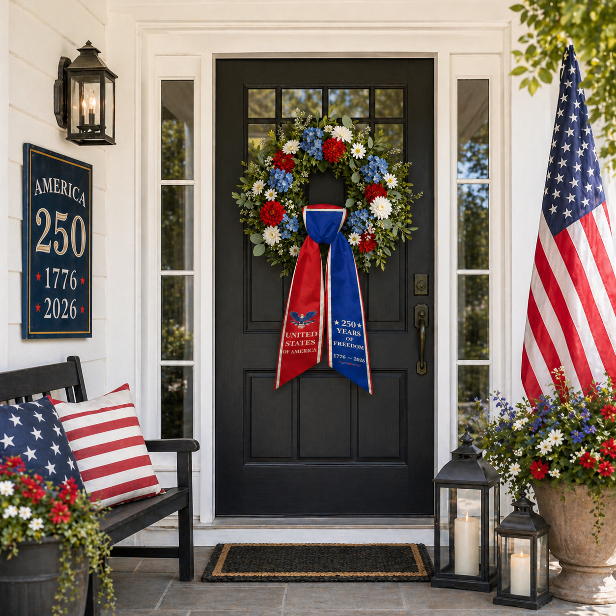 America 250th Anniversary Patriotic Wreath Ribbon Bow